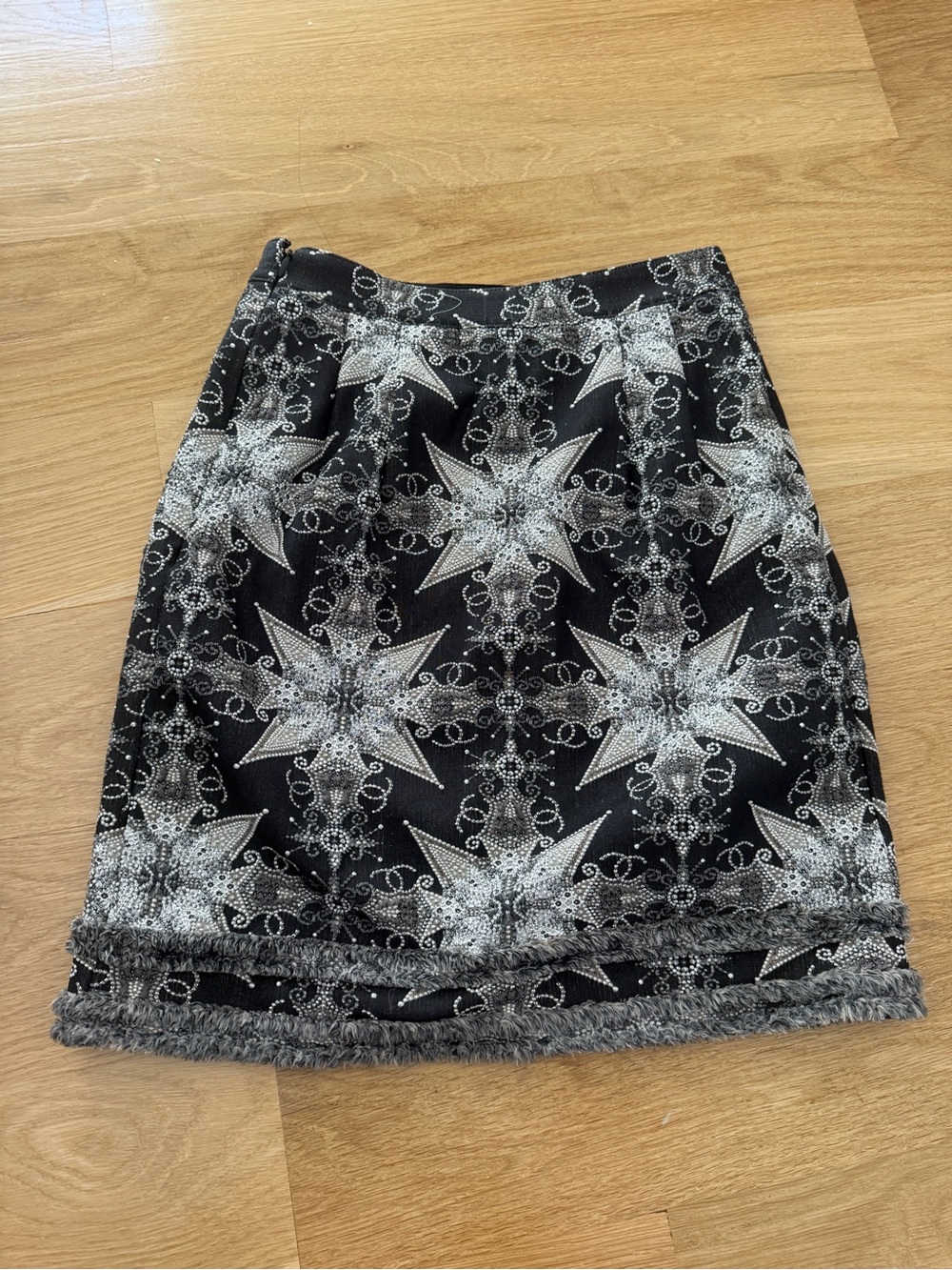 CHANEL Spring 2006 Black & Silver Metallic Maltese Cross Embellished Logo Skirt